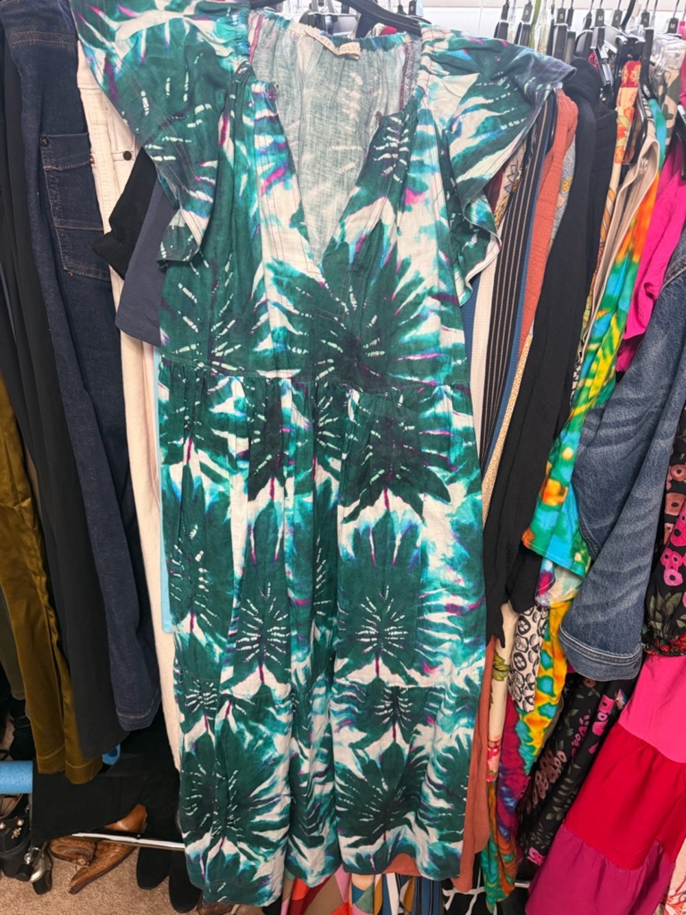 Marie Oliver Linen Dress With Palm Print And Ruffle Cap Sleeves - size XS